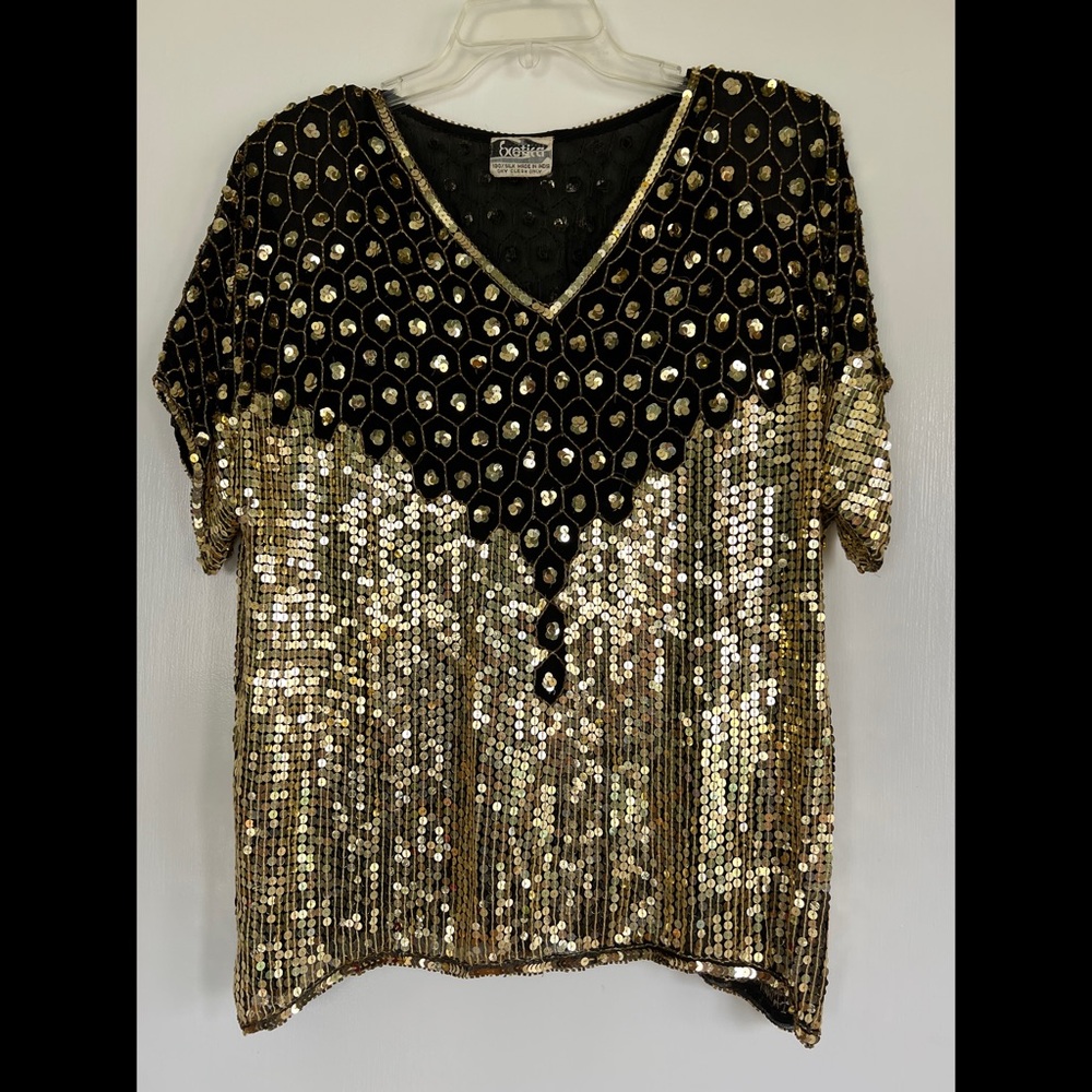 1980s Exotica Black and Gold Sequin Silk Top